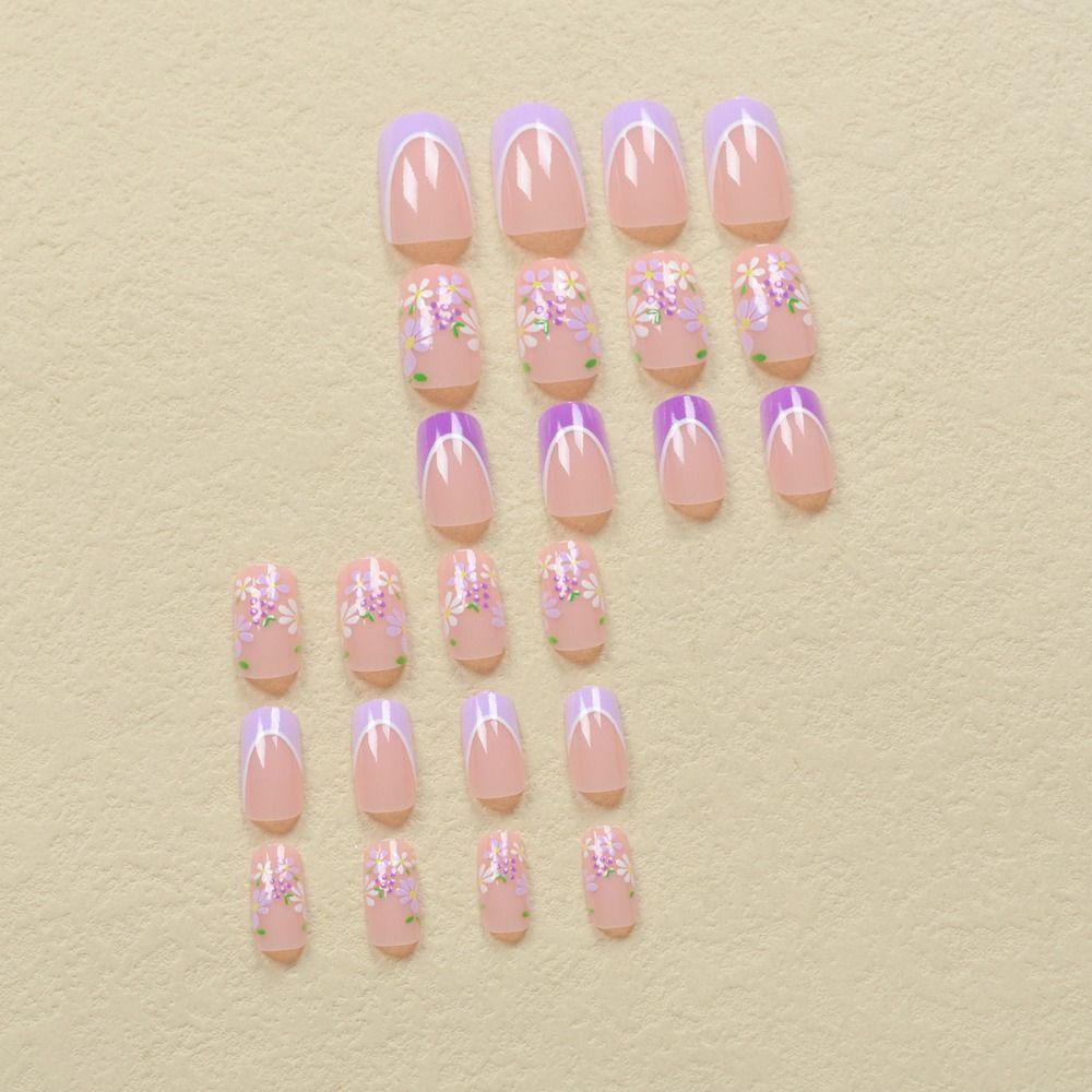 24 шт. Красочные накладные ногти Цветы Волнистые Накладные ногти Маникюр Французские типсы Женщины