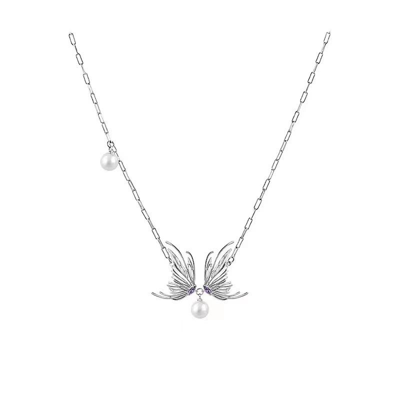 Dynamic metal butterfly wings pearl necklace design Internet celebrity temperament personality collarbone chain jewelry
