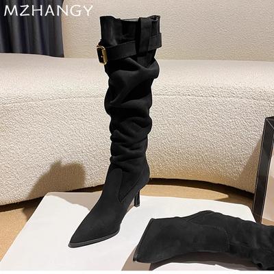 Модные заостренные носки женские высокие сапоги замшевые сексуальные туфли на высоком каблуке женские трендовые туфли 2025 года модные ботинки челси туфли-лодочки зимние новые женские ботинки