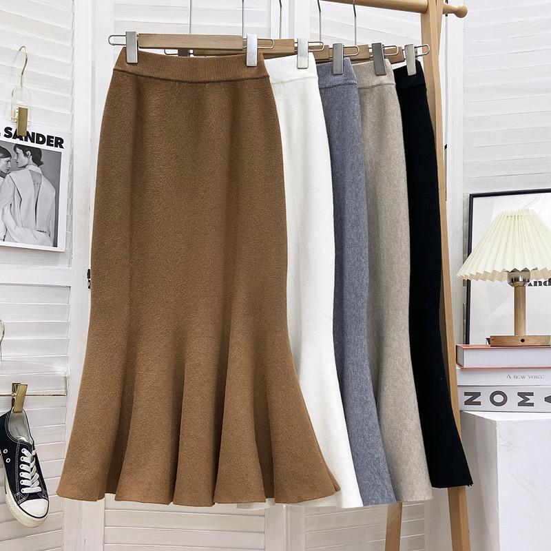 Вязаная юбка миди или макси с хвостом русалки для женщин, осенне-зимняя, с высокой посадкой и облегающая бедра, юбка-полусолнце