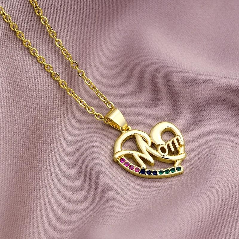 Elegant Mother's Day Gift MaMa Letter Name Stainless Steel Chain Necklaces Copper Cubic Zirconia Pendant Jewelry for Women