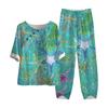 Women's Summer Half Sleeve Printed Tops Elastic Waist Nine Piece Pants Two Piece Set