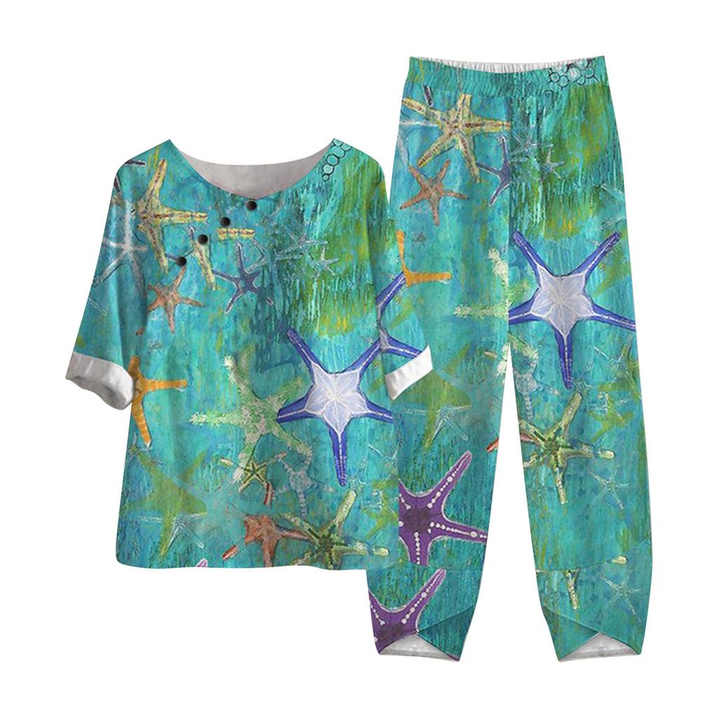 Women's Summer Half Sleeve Printed Tops Elastic Waist Nine Piece Pants Two Piece Set