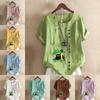 Women's Fashion Round Neck Short Sleeve T-shirt Casual Cotton Linen Graphic Shirt Leisure Loose Cat Prined Summer Blouse Tops