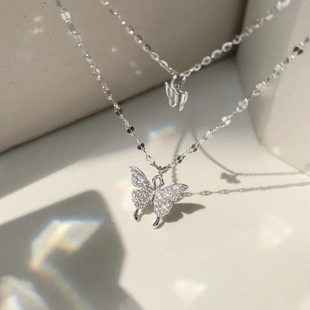 Sterling Silver Double-layer Butterfly Necklace Female Niche Cold Wind Sterling Silver Stacked Collarbone Chain