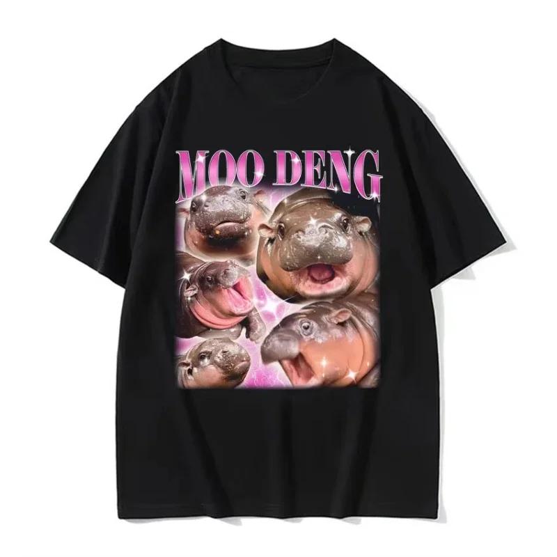 Cute Moo Deng Baby Hippo Funny T Shirts Women Casual Short Sleeve T-shirt Vintage Hip Hop Streetwear Tshirt Tops