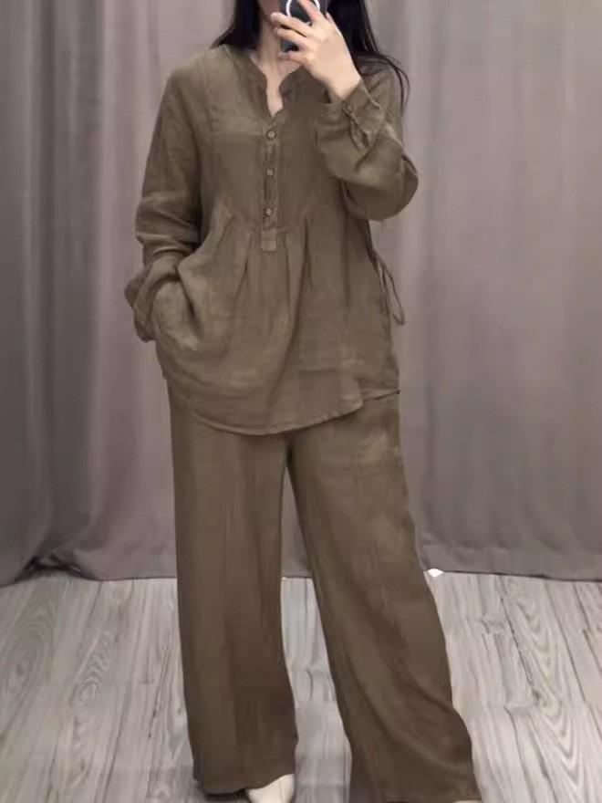 Women's Loose Fit Brown Casual Long Sleeve Button-Up Top and Wide Leg Pants Set