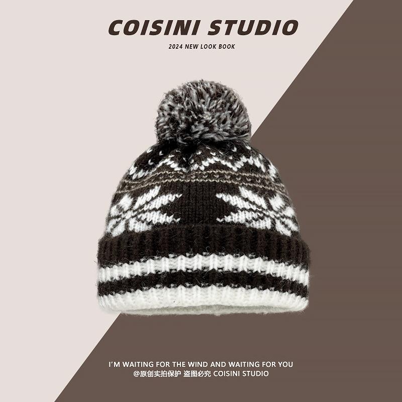 Корейская версия ретро шапки из вязаной шерсти в стиле Фэр-Айл для пары, утолщенная теплая рождественская шапка-пуловер в полоску со снежинками