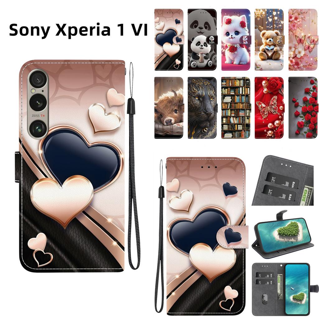 Чехол-книжка из искусственной кожи ручной работы для Sony Xperia 1 VI, противоскользящая противоударная крышка с ремешком на запястье и дизайном в виде сердечка/розы/кошки