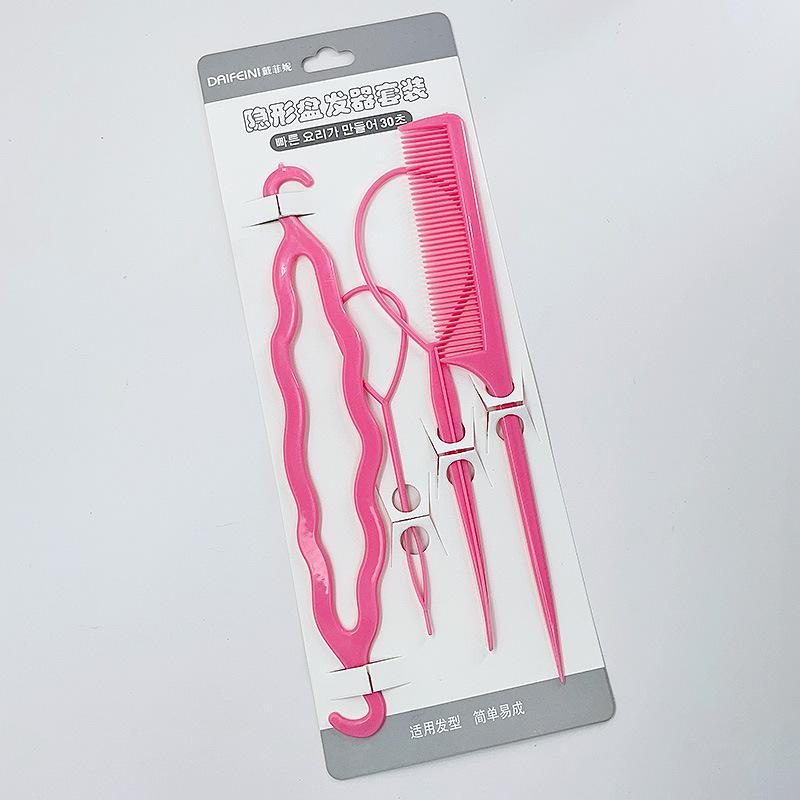 Набор из 4 предметов: подставка для волос, выпрямитель для волос, расческа, набор инструментов для укладки волос, плетеный бублик, аксессуары для ухода за волосами.