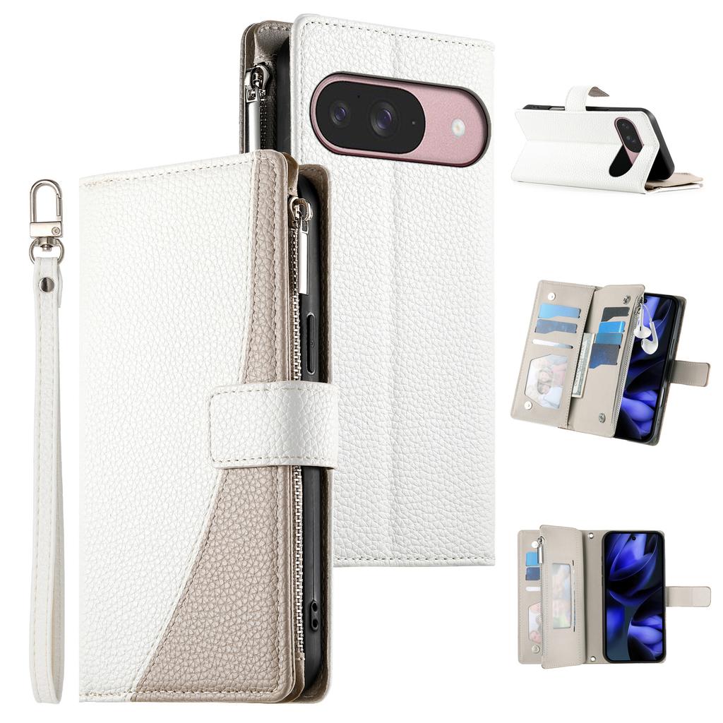 Leather Case For Google Pixel 10 Pro/10/9 Pro/9 Zipper Wallet Color Splicing Flip Phone Cover with Straps