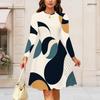 Women Plus Size Round Neck Long Sleeve Black White Printed Gathered Waist A Line Flared Dress