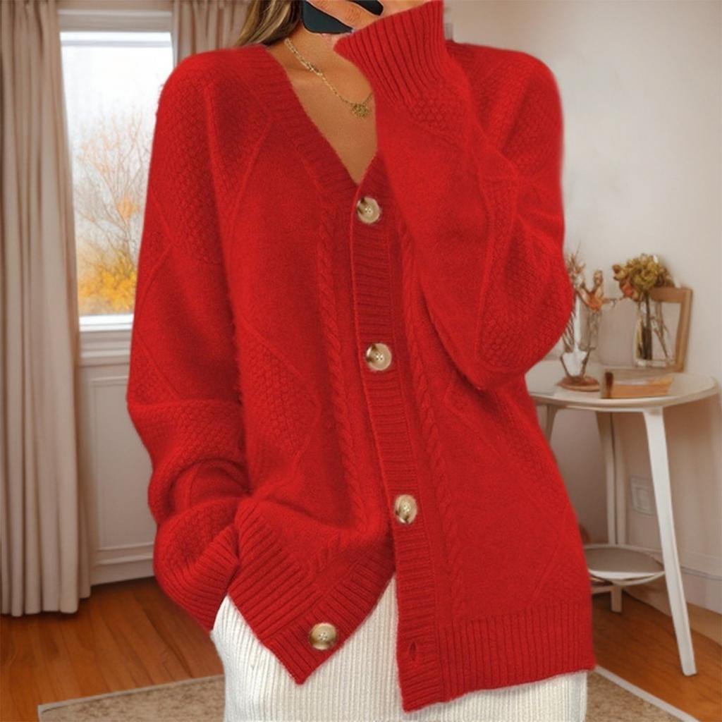 Women's Fashion Solid Color Long Sleeve V-Neck Knit Cardigan Button Sweater Jacket
