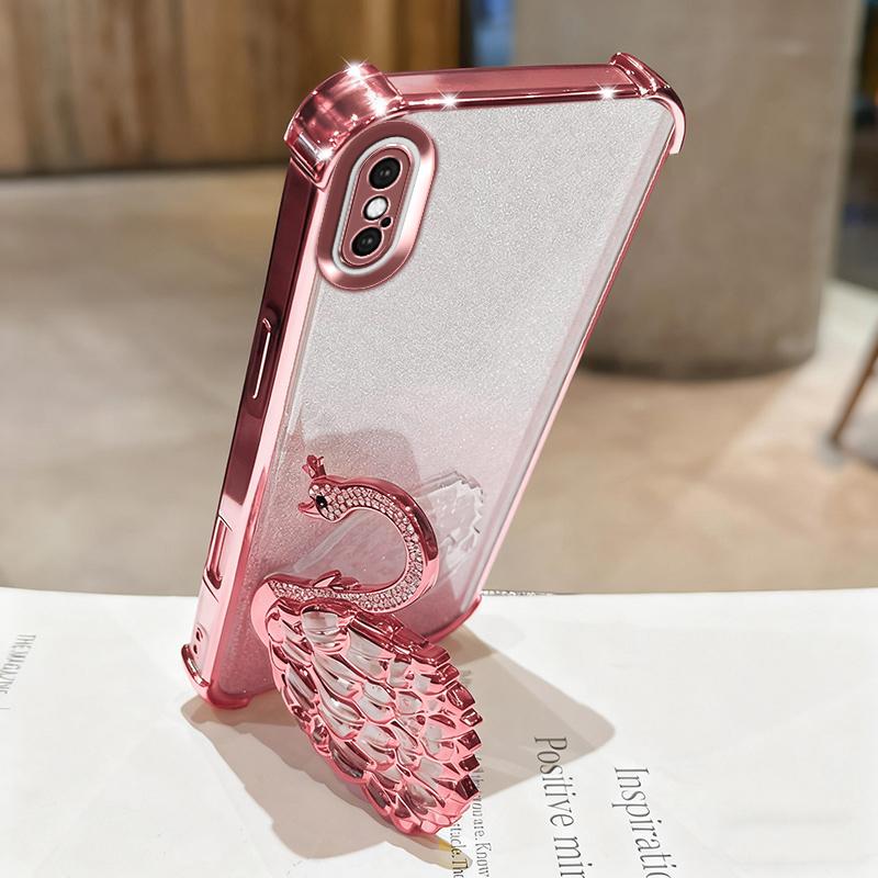 KEYSION Противоударный чехол с гальваническим покрытием для iPhone XS Max Прозрачный ТПУ с блестками, инкрустированный драгоценными камнями лебедь, подставка, задняя крышка для iPhone X XR