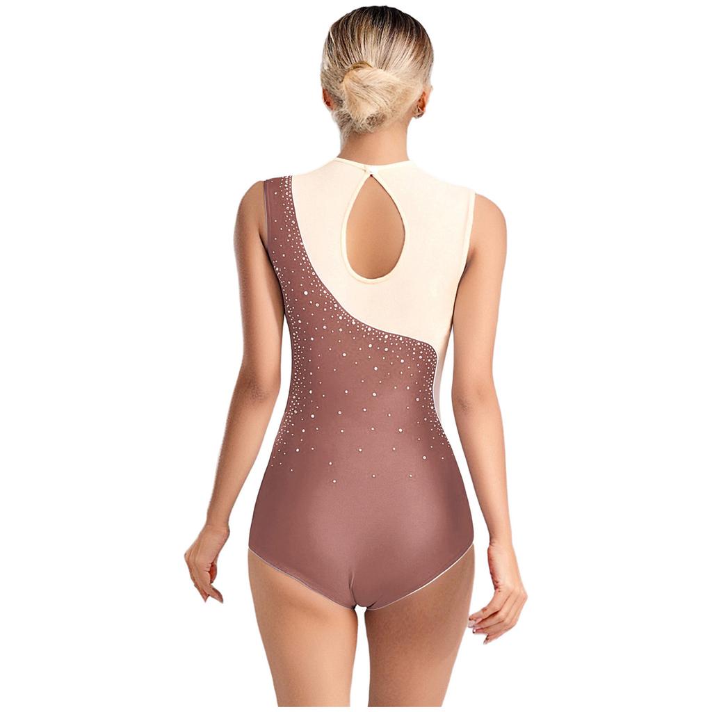 Womens Gymnastics Leotard Sleeveless Back Hollow Out Mesh Patchwork Rhinestone Bodysuit One-piece Dancewear