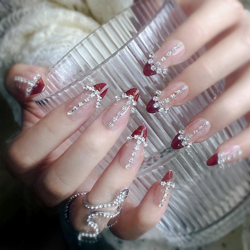 24Pcs Long Ballerina Press On Nails Sparkly Diamond And White Pearl Clear False Nails For Women Bride Wedding