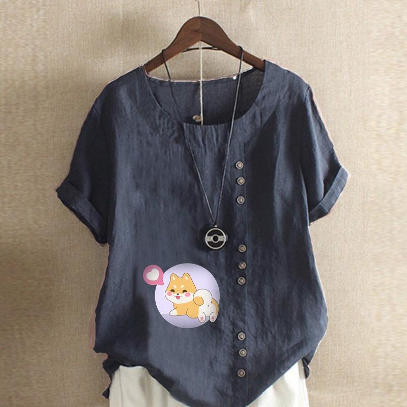 Женская модная футболка с круглым вырезом и коротким рукавом с принтом милой собаки, повседневная рубашка из хлопка и льна с рисунком, свободная летняя блузка для отдыха, топы