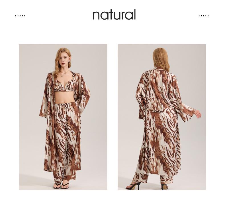 Женский атласный пижамный комплект с принтом зебры - летний халат и длинные брюки, 3 предмета