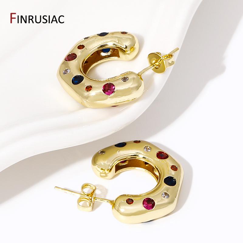 New Trendy Colorful Zircon C-Shape Stud Earrings For Women Brass Open Ear Stud Party Jewelry Accessories