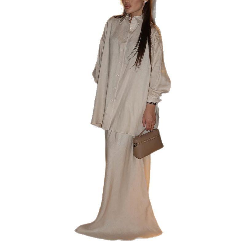 Мода Весна/Лето 2025 для Женщин Европы и Америки: Комплект: свободная рубашка с отложным воротником и длинным рукавом и юбка-миди с высокой талией