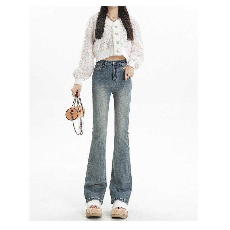 Американские слегка расклешенные джинсы High Street женские весна-осень корейский стиль высокая талия утягивающие стрейч маленькие ретро подковы брюки