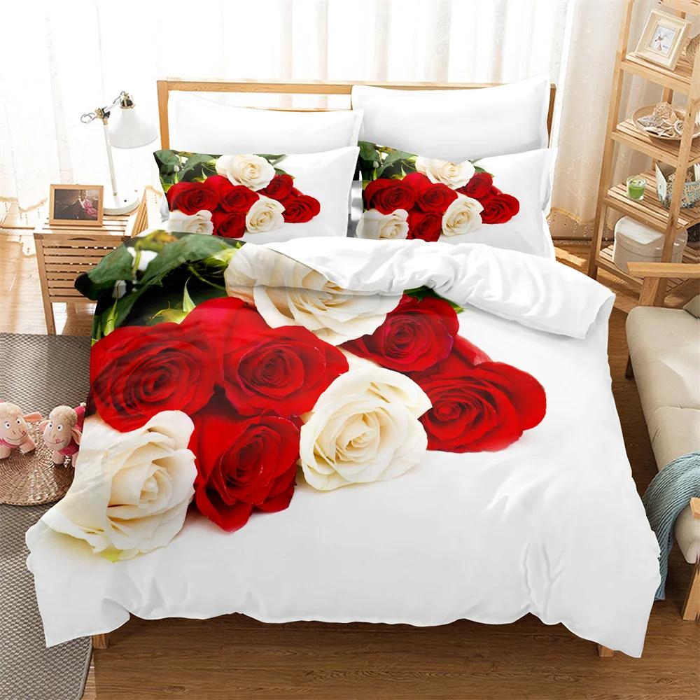Comforter Rose Flower Bedding Set 4Pcs Pink Red 200X230 For Double Bed 3D Bedsheet 230X230 Full Size Thin Fabric