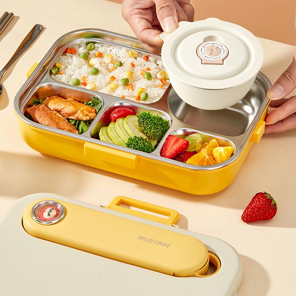 4/5 Grids Portable Bento Box With Bowl & Cutlery 304 Stainless Steel Divided Lunch Box Microwave Heatable Lunch Container Set