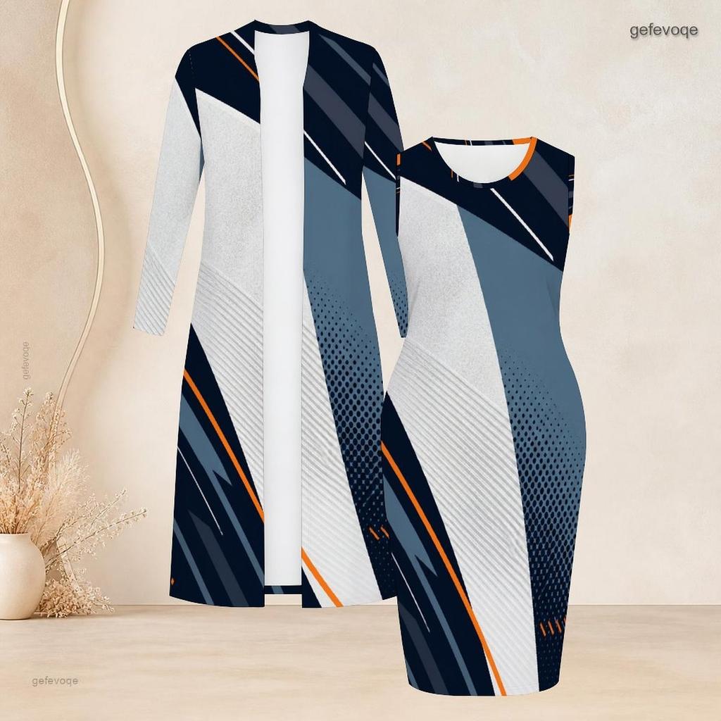 Women Plus Size Two Piece Set Printed Long Sleeve Open Front Cardigan Sleeveless Bodycon Dress