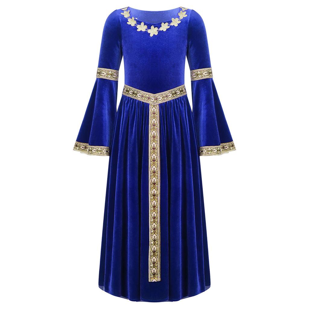 Kids Girls Stylish Medieval Princess Long Flare Sleeve Vintage Pattern Dress