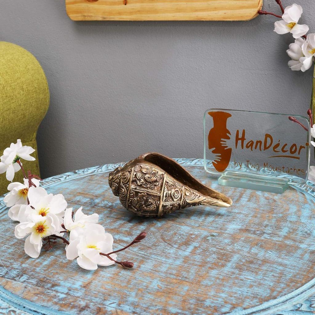 Ganesha Carving Brass Shankh Showpiece, Attractive Brass Conch for Temple/Home, Shankh for Pooja, Mandir Decorations Items