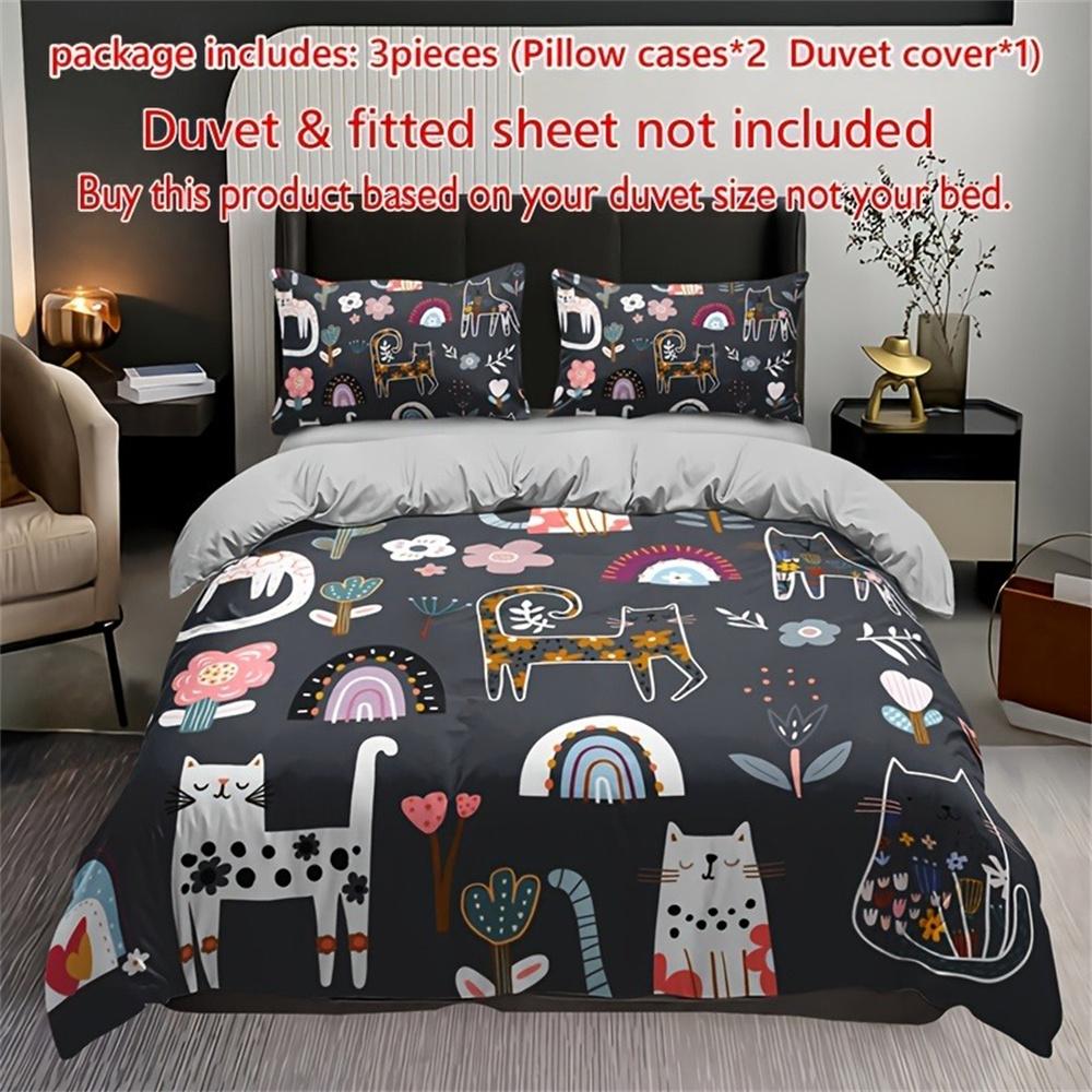 Комплект постельного белья с принтом кошек и цветов - Включает 1 пододеяльник и 2 наволочки, дышащий полиэстер, машинная стирка - Идеально