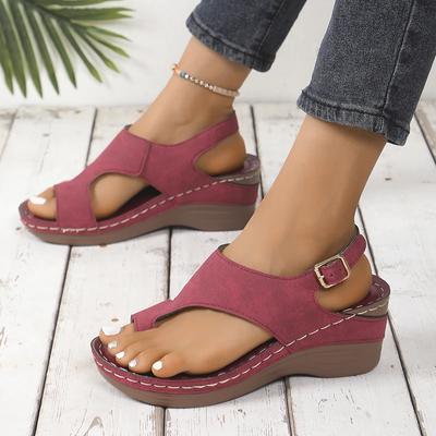 Мода 2024 года, горячая распродажа обуви для женщин, женские сандалии с открытым носком, летние римские пряжки, однотонные, повседневные пляжные сандалии на танкетке большого размера