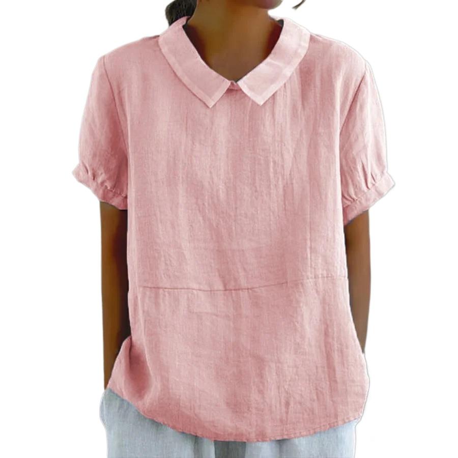 Womens Casual Peter Pan Collar Blouse Summer Loose Cotton Blouse Linen Tops Solid Color Short Sleeve Casual Ladies Breathable Shirt