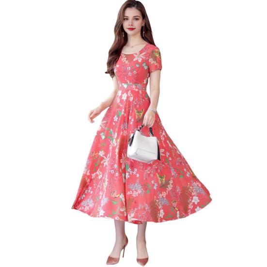 Женское летнее платье с цветочным принтом, пляжное платье длиной до середины икры с узкой талией, короткими рукавами, круглым вырезом, платье А-силуэта для вечеринки в отпуске