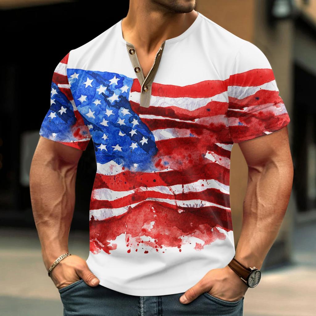 Винтажная летняя мужская футболка, уличная одежда, 3 пуговицы, свободная одежда, футболка с коротким рукавом и принтом