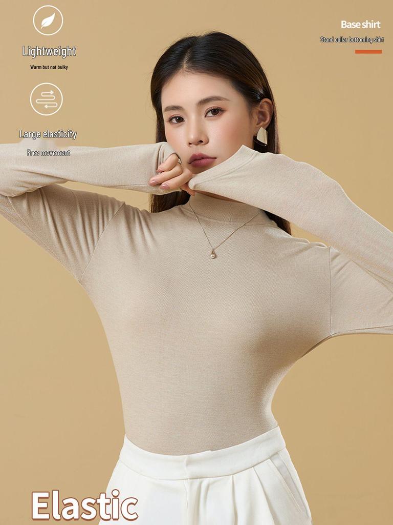 Women's Tencel Wool Acetate High Elastic Stand Collar Slim Fit Long Sleeve Base Layer Top for Autumn/Winter Warmth.
