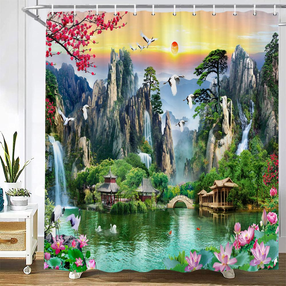 Modern 3D Printing Forest Shower Curtain Green Plant Tree Landscape Bath Curtain With Hooks For Bathroom Waterproof Scenery