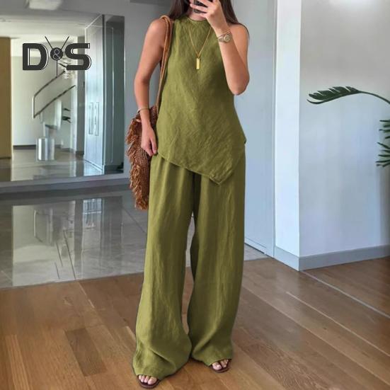 Женский комплект из двух предметов с неровным подолом, безрукавка, топ с круглым вырезом, широкие брюки, летний повседневный спортивный костюм