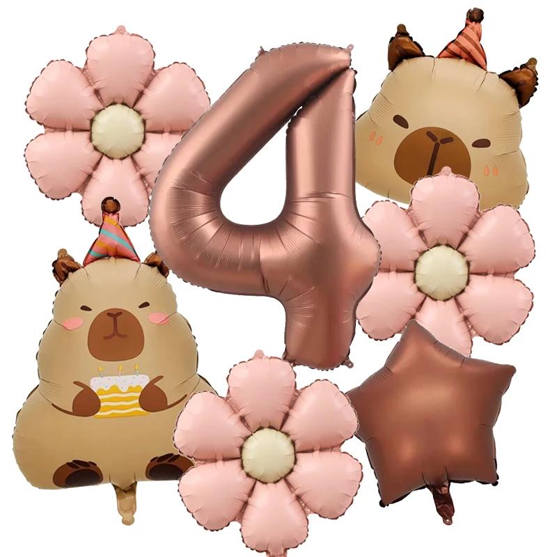 7pcs Cute Capybara Daisy Balloon 32 Inch Retro Caramel Number 1-9 Balloons Set Birthday Party Supplies Festive Decoration