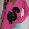 Black Cat Print Long Sleeve T-shirt, Casual V Neck Top For Winter & Fall, Women's Clothing