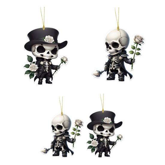 Skeleton Rose Pendant Car Rearview Mirror Ornament Acrylic 2D Bag Pendant Halloween Christmas Decoration Gift for Car Enthusiasts