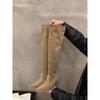 High Heel Khaki Over Knee Pile Boots Women's Shoes 2024 New Autumn and Winter Pointed Skinny Long Knight Boots