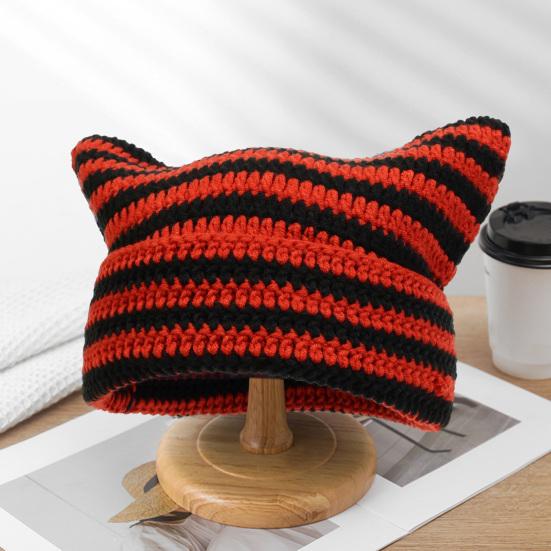 Autumn Winter Outdoor Warm Knitting Caps Cute Striped Cat Ear Hat No Brim Thickened Stretchy Yarn Knitted Beanie Hat