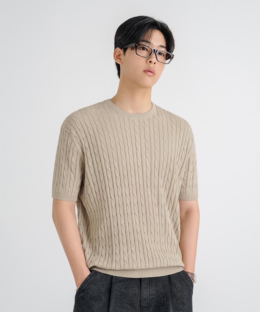 LEMAIN SECOND Oversized Washable Crew Neck Cable Short Sleeve Knit [Beige]