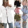 Women Tie Front Peplum Top Y2k Puff Short Sleeve Lace Up Bow Shirt Ruffle Hem Babydoll Blouses