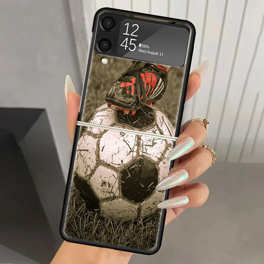 Жесткий чехол из поликарбоната с дизайном футбольного мяча для Samsung Galaxy Z Flip 6 5 4 3 Черная крышка ZFlip6 Flip5 Flip4 5G Складной Принт