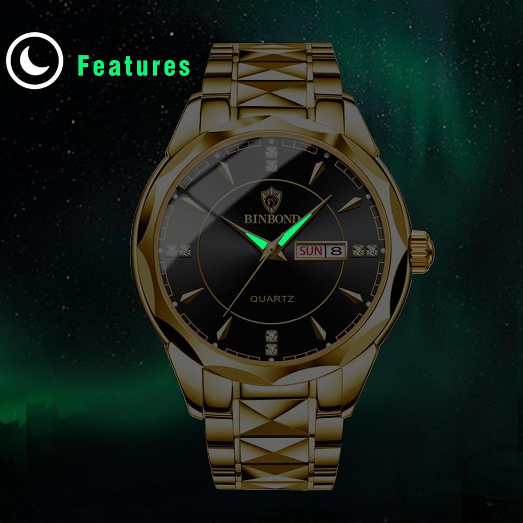 Золотые аналоговые простые часы с календарем дней недели 3ATM водонепроницаемые повседневные деловые часы с ремешком из нержавеющей стали для рождественского подарка для мужчин