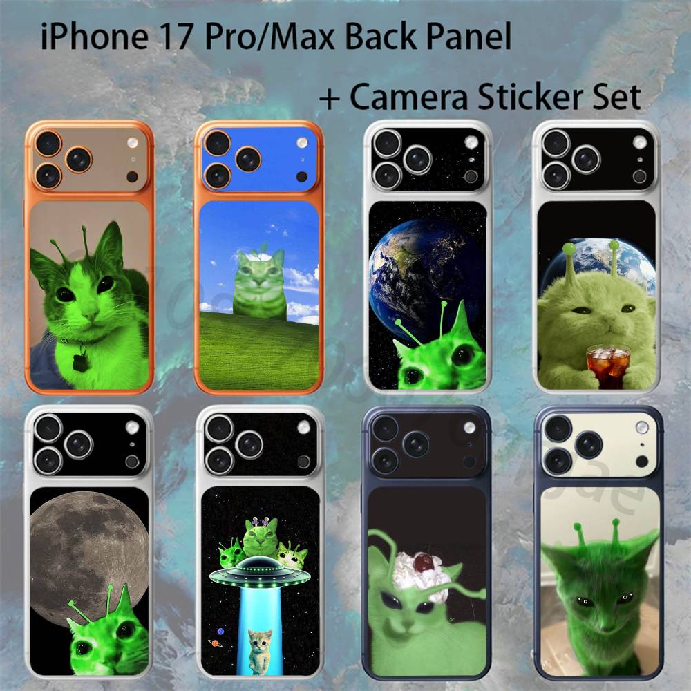Забавный Зеленый Инопланетный Кот Для iPhone 17 Pro /Max Задняя Крышка Аккумулятора с Наклейкой-Скином на Камеру Задняя Защитная Пленка-Наклейка