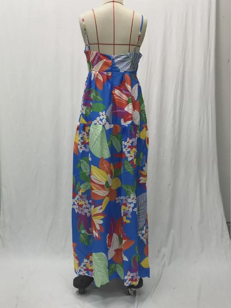 Летнее женское европейское и американское платье макси с открытыми плечами и цветочным принтом 2025 года