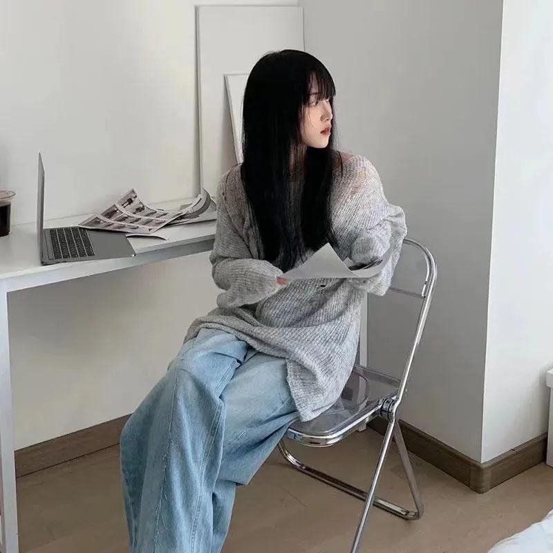 Серый вязаный ажурный свитер с защитой от солнца, женские свободные ветровые топы Y2K, тонкая верхняя одежда, пуловер, готические свитера